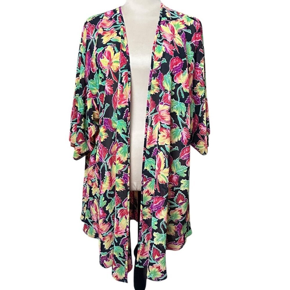 Natori Semi Sheer Open Front Kimono Robe One Size Colorful Leaves Cover Up